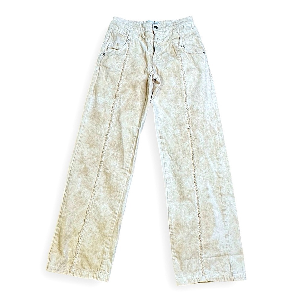 Zara 2023 Collection Double Waistband Boho Freyed Tan and Cream Jeans NWOT Sz 6